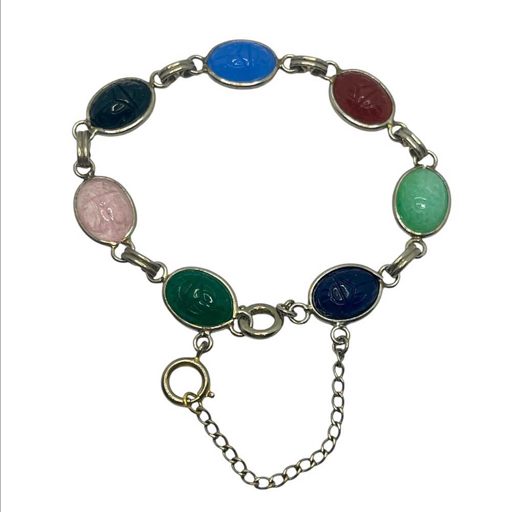 Scarab multi colored stone carved beetle bracelet vintage
